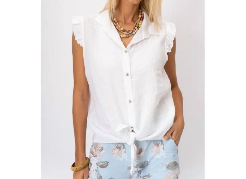 Closeout Sale Linen Button Front Ruffle Sleeve Top In White