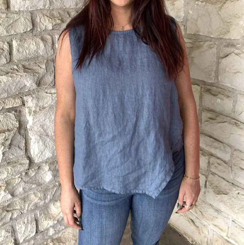 Warehouse Sale Linen Button-Up Back Tank In Blue Jean
