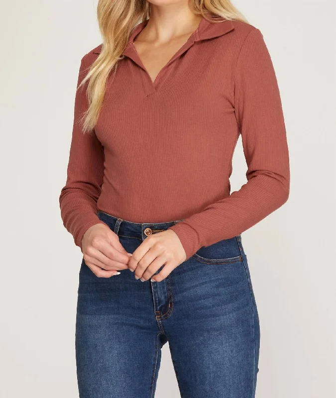 Limited Time Offer Long Sleeve Ribbed Knit Collared Bodysuit In Terracotta