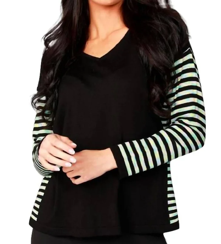 Price Rollback Long Sleeve Stripe V-Neck Top In Black Multi