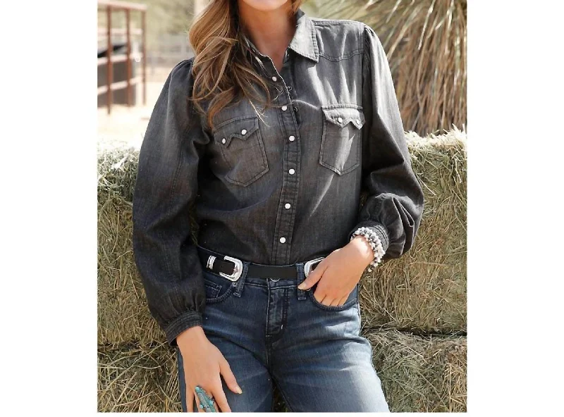 Crazy Deals Long Sleeve Western Snap Shirt In Black Chambray