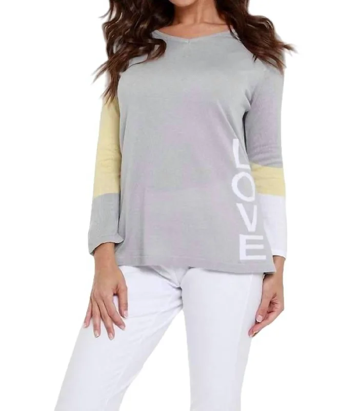 Overstock "love Me" V-Neck Top In Gray/yellow