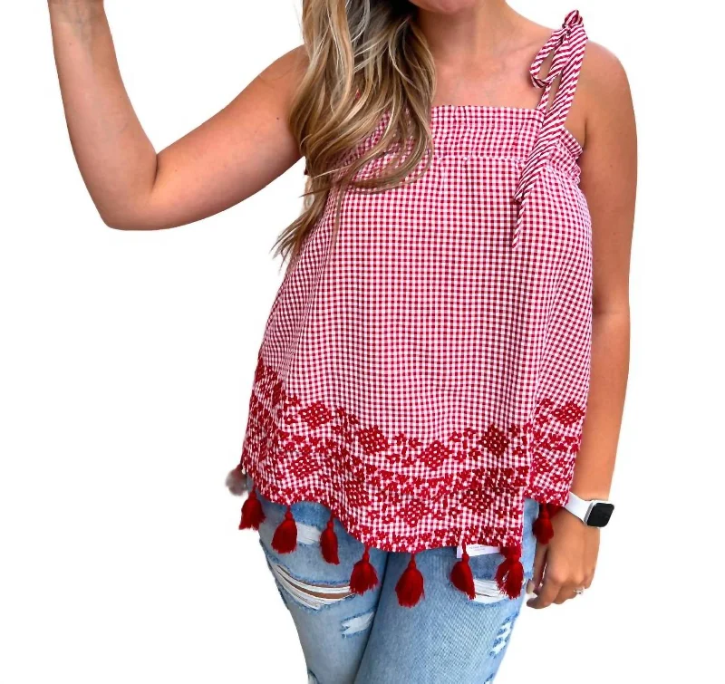 Online Only Malia Off The Shoulder Tie Straps Embroidery & Tassel Top In Red