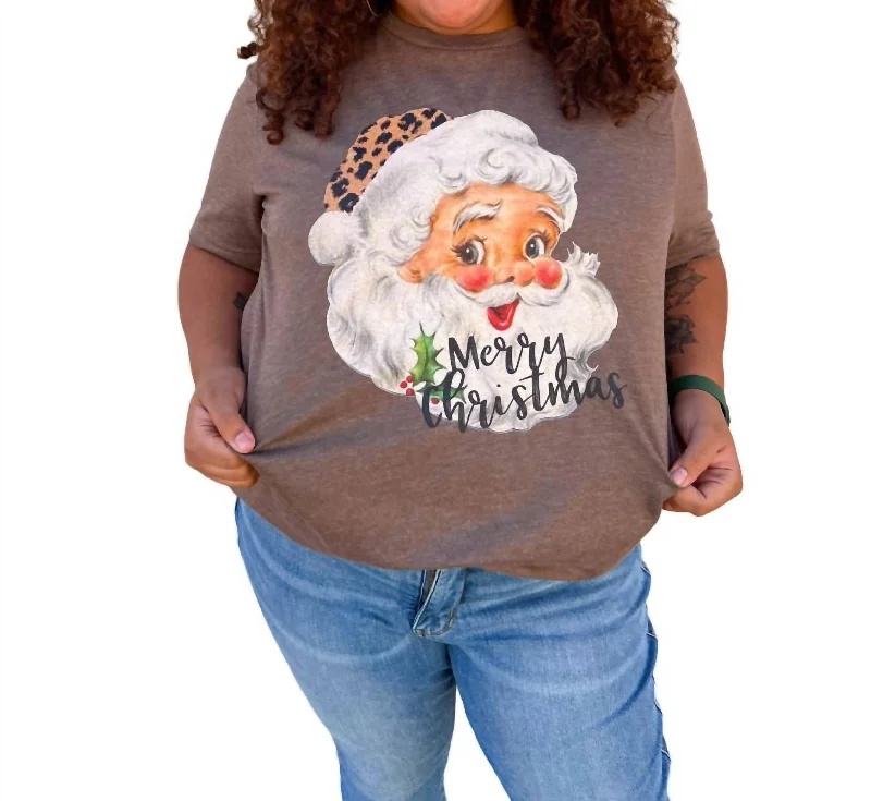 Markdown Madness Merry Christmas Vintage Leopard Santa Graphic Tee - Plus In Brown