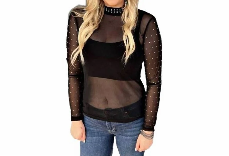 Value Deals Mesh Long Sleeve Top With Rhinestones In Black