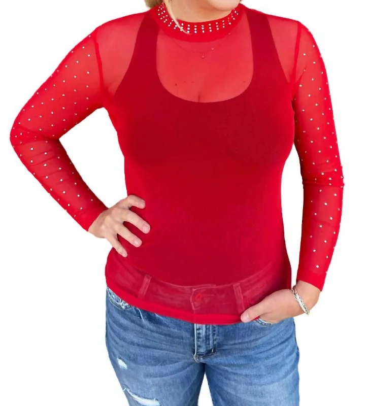 Deal of the Day Mesh Long Sleeve Top With Rhinestones In Ruby Red