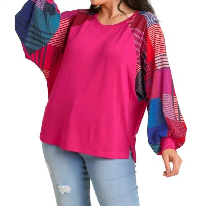 Super Bargain Mixed Print Long Sleeves Top In Magenta