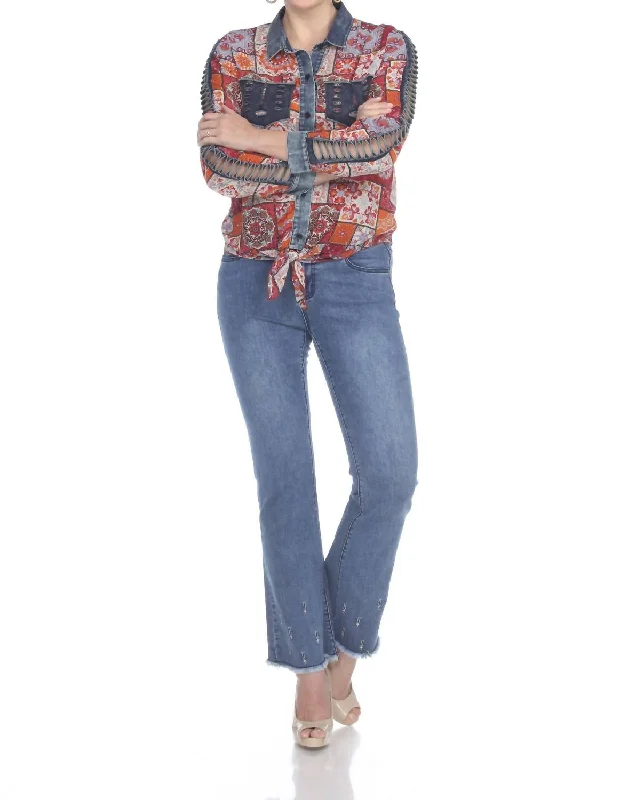 Price Break Multi Colored Tie Front Denim Chiffon Blouse With Lattice Sleeve