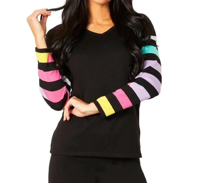 Blowout Sale Multi Stripe V-Neck Top In Black