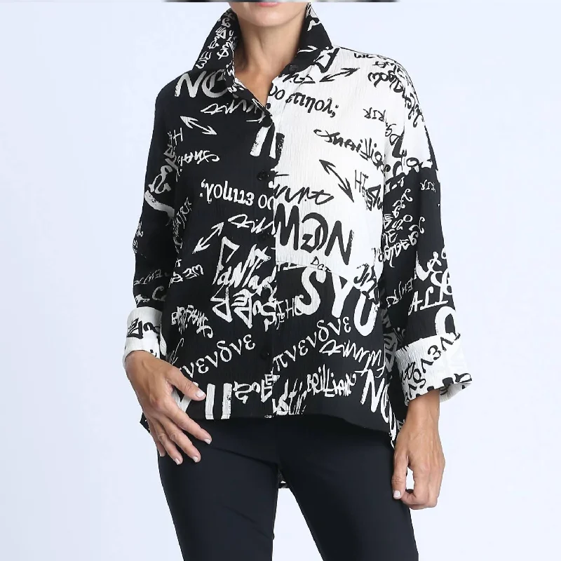 Flash Sale News Print Blouse In Black And White