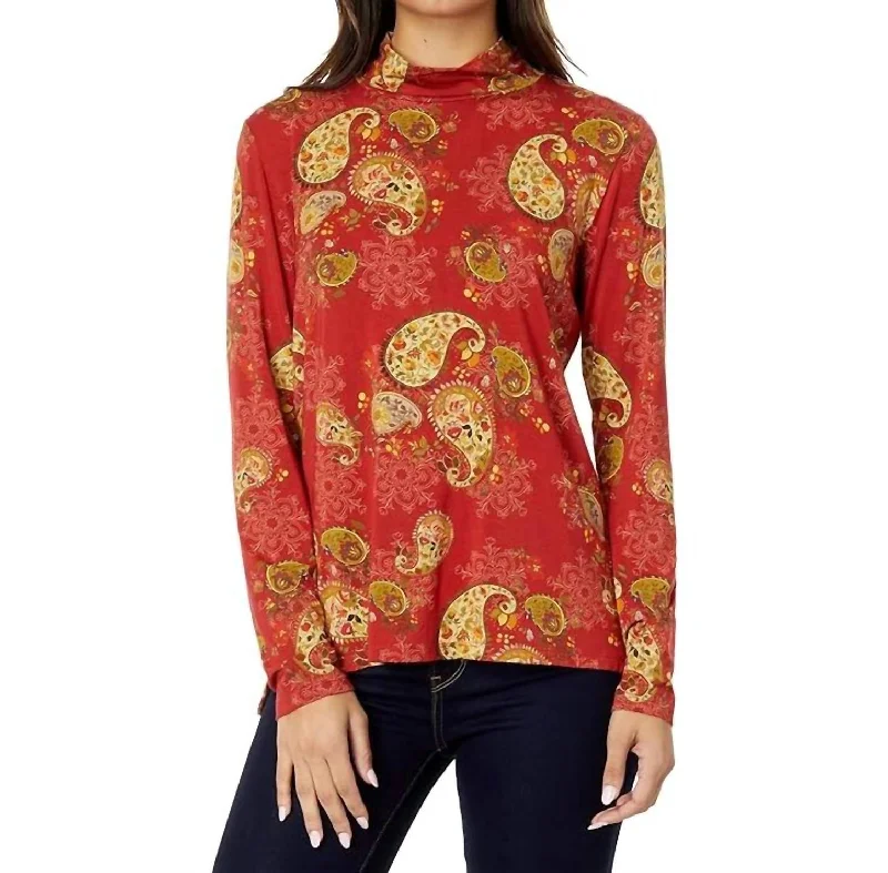Huge Discounts Paisley Lace Mock Neck Top In Orange