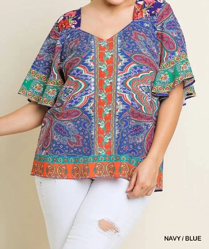 Exclusive Savings Paisley Scarf Print Bell Sleeve Plus Blouse In Navy/blue