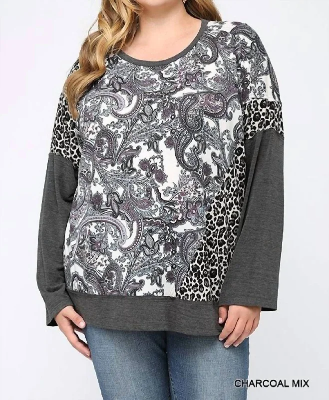 New Arrival Pasley Leopard Color Block Top In Charcoal Mix