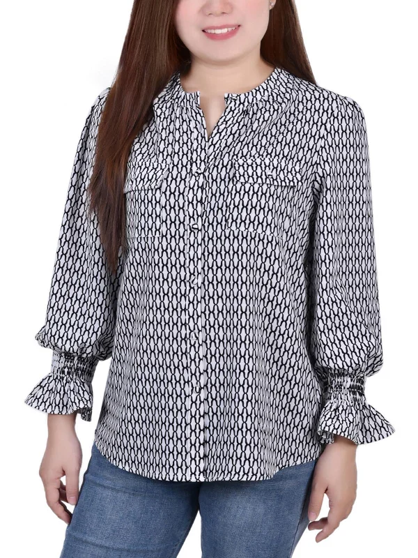 Steals and Deals Petites Womens Button Down Crew Neck Blouse