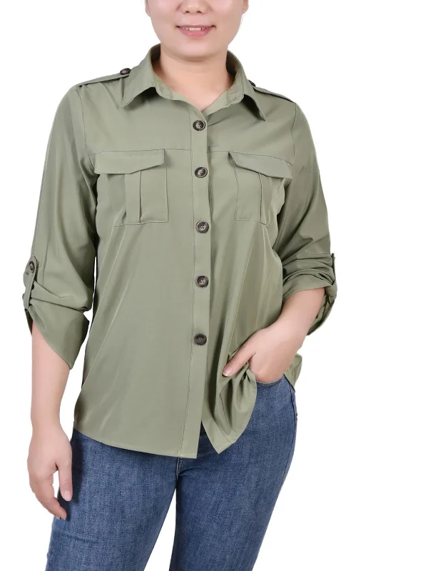 Mega Deal Petites Womens Collared Pocket Button-Down Top