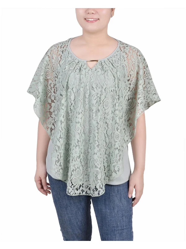 Weekend Deal Petites Womens Poncho Sleeve Lace Overlay Blouse