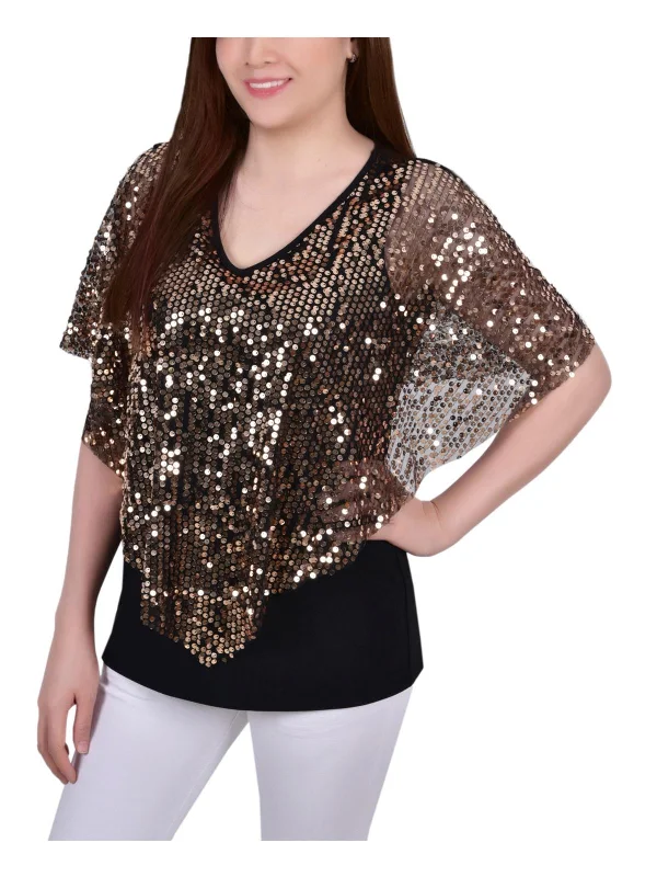 Bargain Bin Petites Womens Sequined Poncho Pullover Top