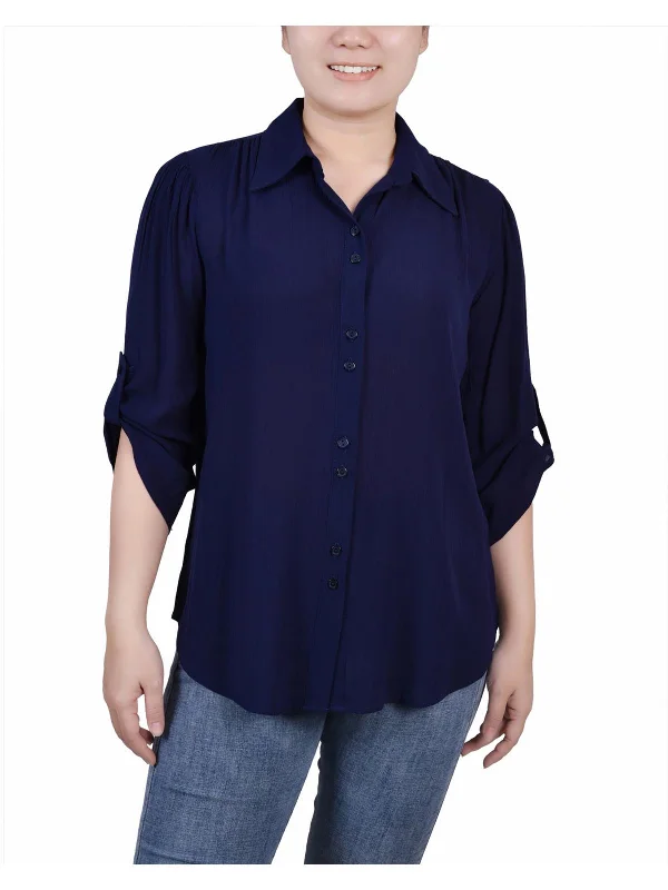 Deal Explosion Petites Womens Sheer Solid Button-Down Top