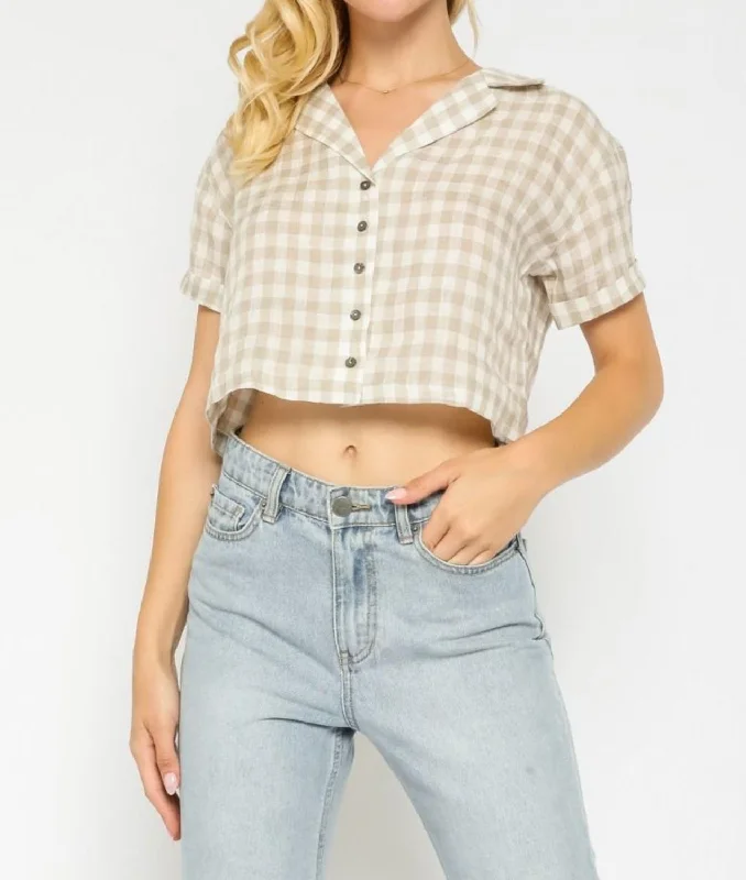 Super Deal Plaid Gingham Crop Top In Khaki Plaid