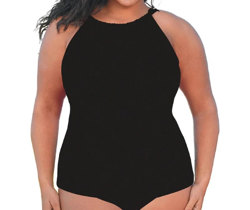 Closeout Plus Size High Neck Tankini Top In Black