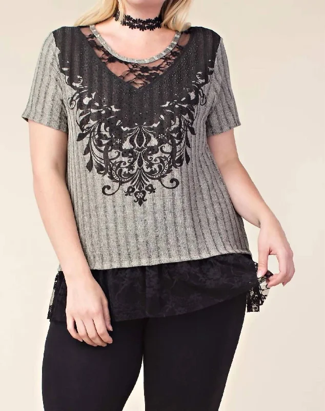 Now or Never Plus Top With Print And Black Lace Bottom In Gray