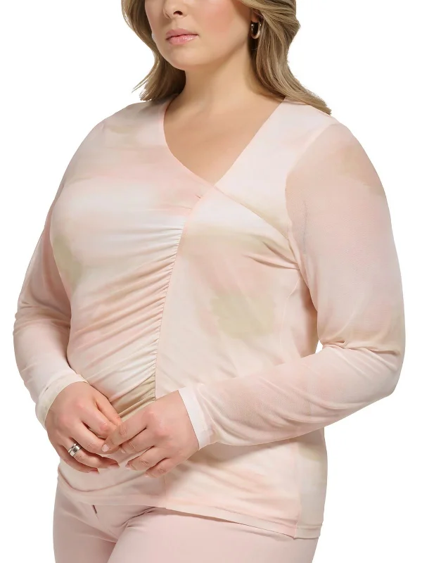 Act Now Plus Womens Asymmetrical Neck Long Sleeve Blouse