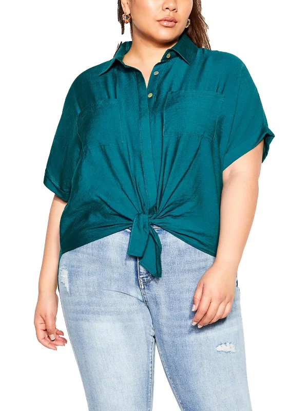 Special Offer Plus Womens Collared Front Tie Button-Down Top
