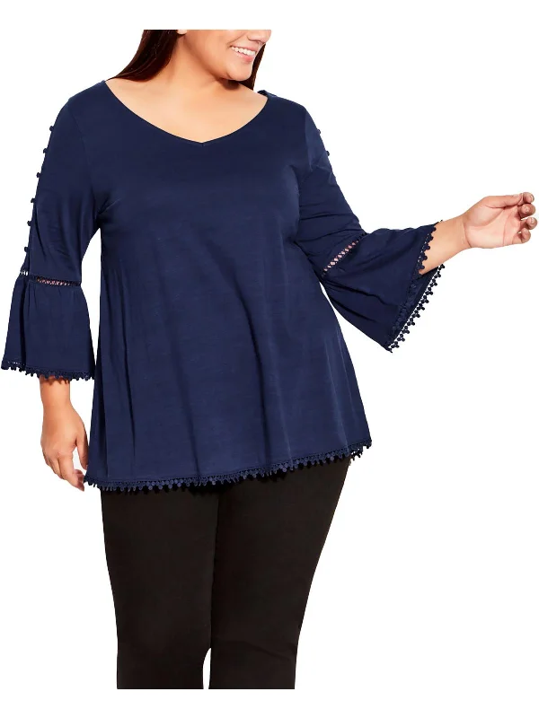 Crazy Savings Plus Womens Crochet Trim Open-Stitch Pullover Top