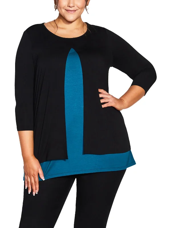 Deal of the Week Plus Womens Faux-Overlay Long Tunic Top
