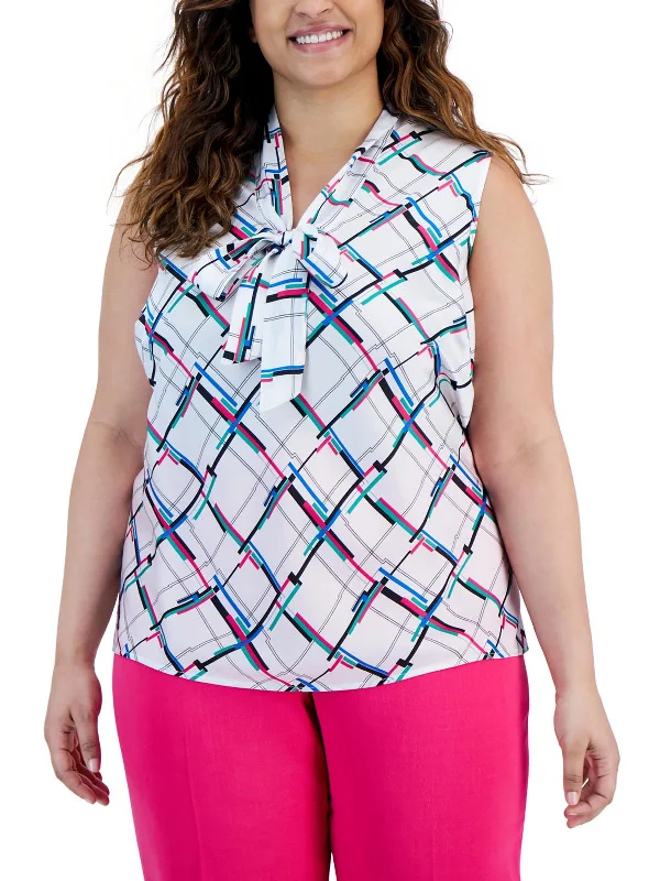 Holiday Sale Plus Womens Geometric Tie-Neck Blouse