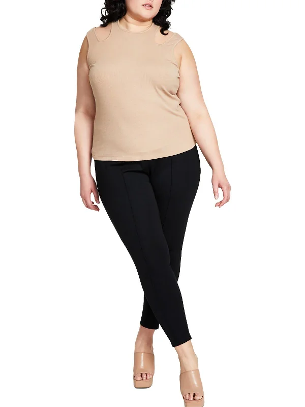 Weekend Deal Plus Womens Ribbed Cut-Out Shoulder Pullover Top