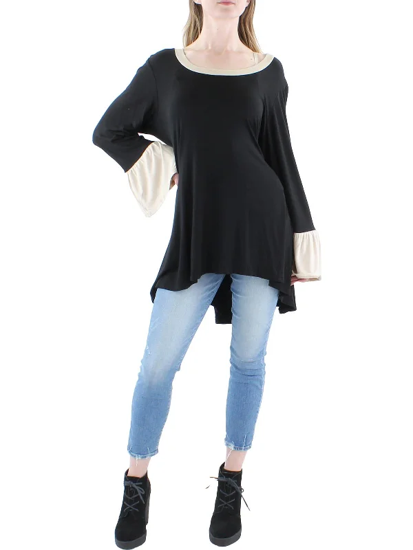 Price Meltdown Plus Womens Ruffled Sleeves Contrast Trim Pullover Top