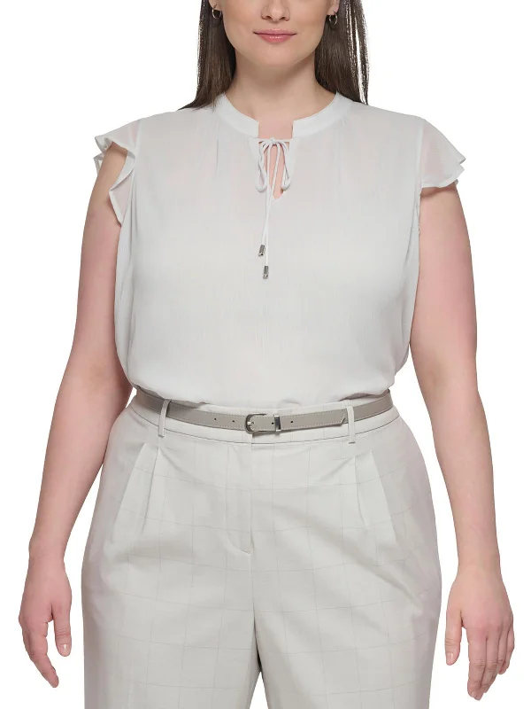 Fantastic Offers Plus Womens Ruffled Tie-Neck Blouse