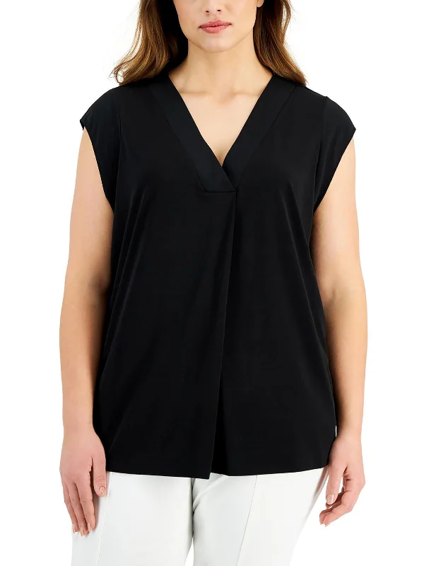 YEAR-End Sale Plus Womens V-Neck Mixed Media Blouse