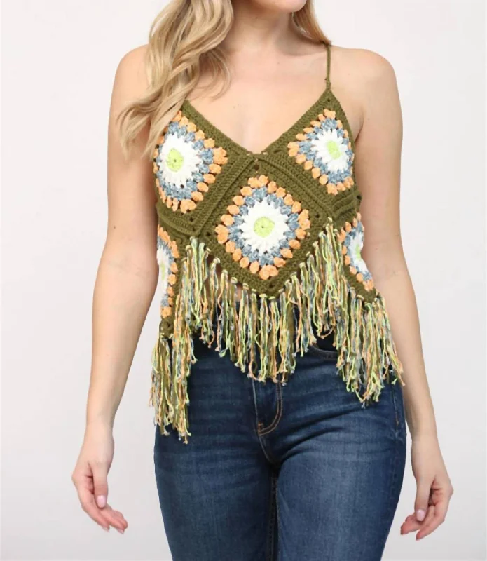 Price Smash Pointed Fringe Bottom Hem Crochet Tank In Olive Multi
