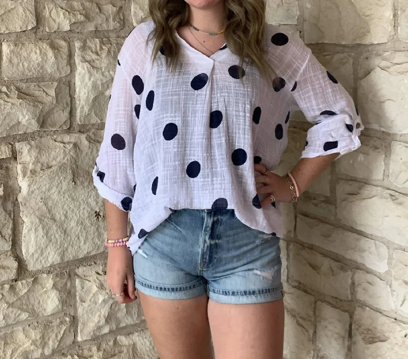 Super Sale Polka Dot Print V- Neck Top In White/navy