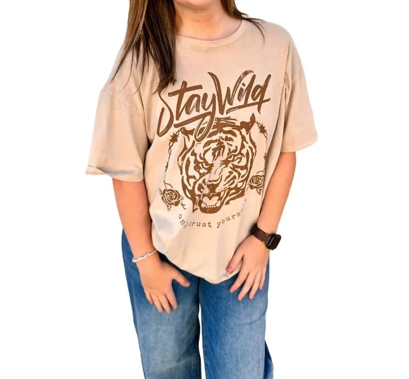 Quick Sale Premium Wash Oversized Stay Wild Tiger Graphic Top In Taupe