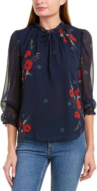 Don't Wait Rafaella Ruffle Trim Self Tie Neckline Silk Blouse In Midnight