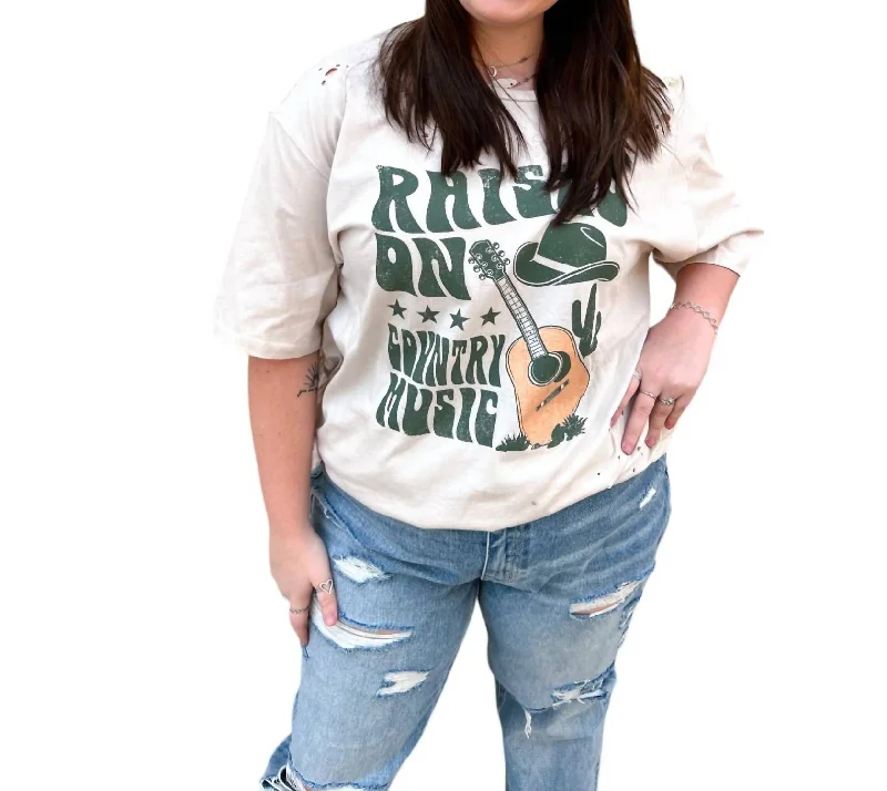 Act Now Raised On Country Music Distressed Rocker Tee Plus In White