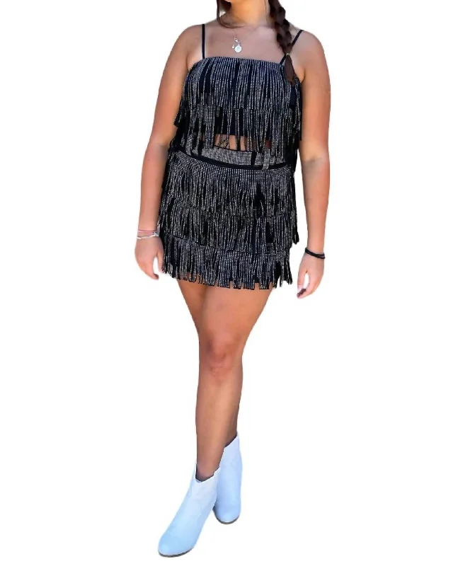 Super Bargain Rhinestone Diva Fringe Crop Top In Black
