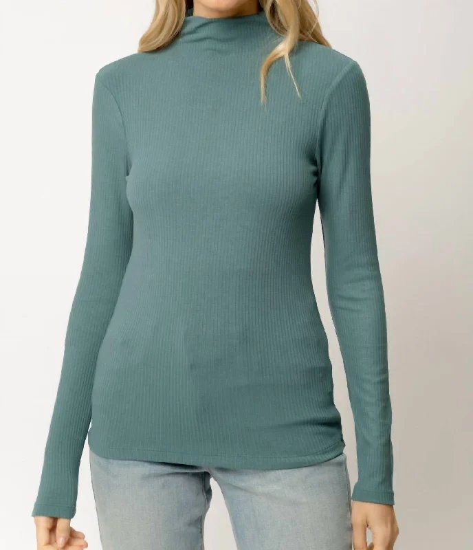 Limited Stock Ribbed Mock Neck Turtleneck Top In Teal