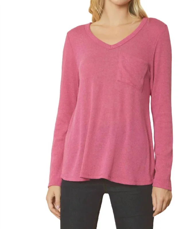 Sneak Peek Sale Ribbed V Neck Long Sleeve Top In Magenta