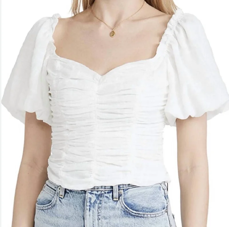 Final Sale Ruched Short Puff Sleeve Top In White