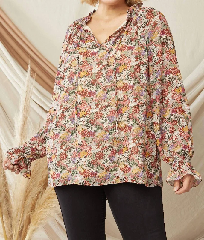 Buy More, Save More Ruffle Detail V Neckline Blouse In Watercolor Floral Print