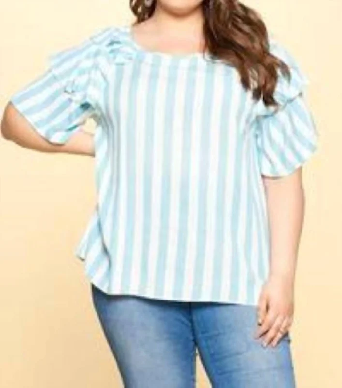 Unmissable Offer Ruffle Sleeve Plus Top In Sky Blue And White Stripe