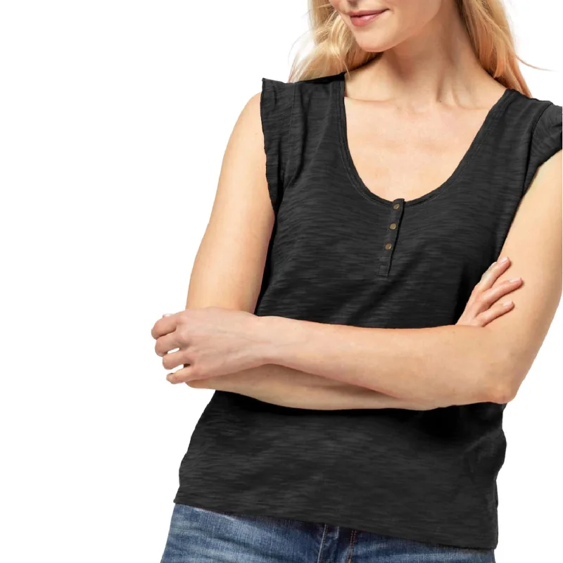 Don't Wait Ruffle Sleeve Scoop Neck Henley Top In Black