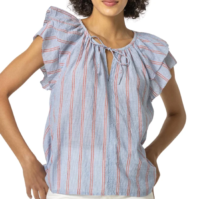 Deep Discounts Ruffle Sleeve Split Neck Top In Tide Stripe