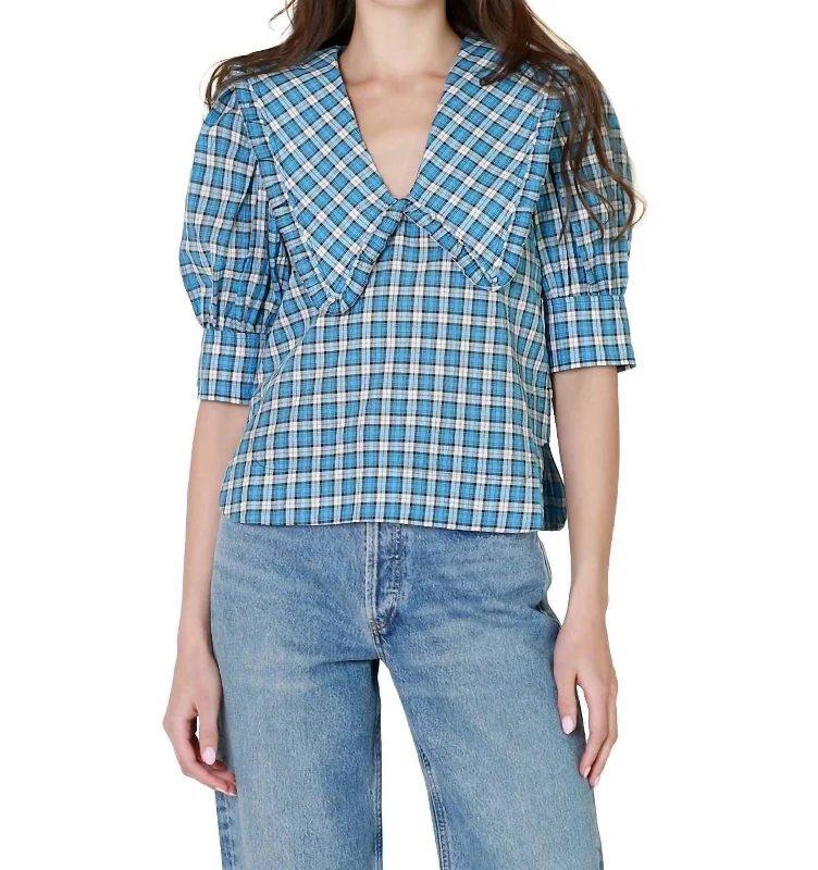 Can't Miss Seersucker V-Neck Blouse In Check Azure Blue