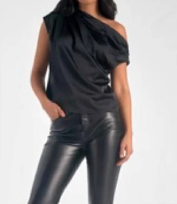 Big Discounts Shiny Cinched Shoulder Top In Black