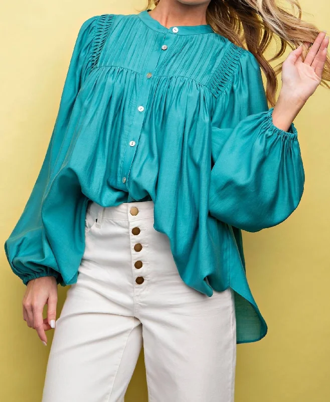 Best Bargains Shiny Crepe Woven Button Down Top - Teal